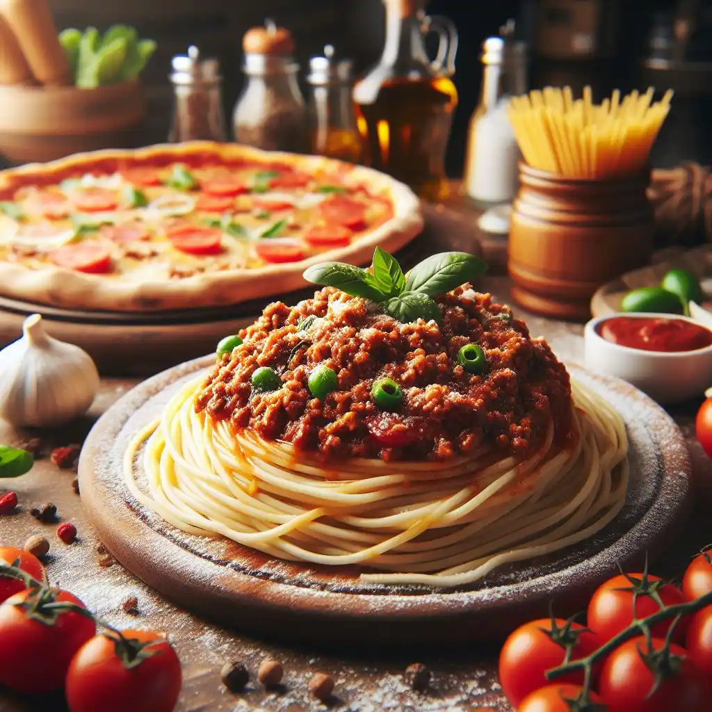 Pizza légumes dans le fond avec un plat de spaghetti bolognaise en premier plan