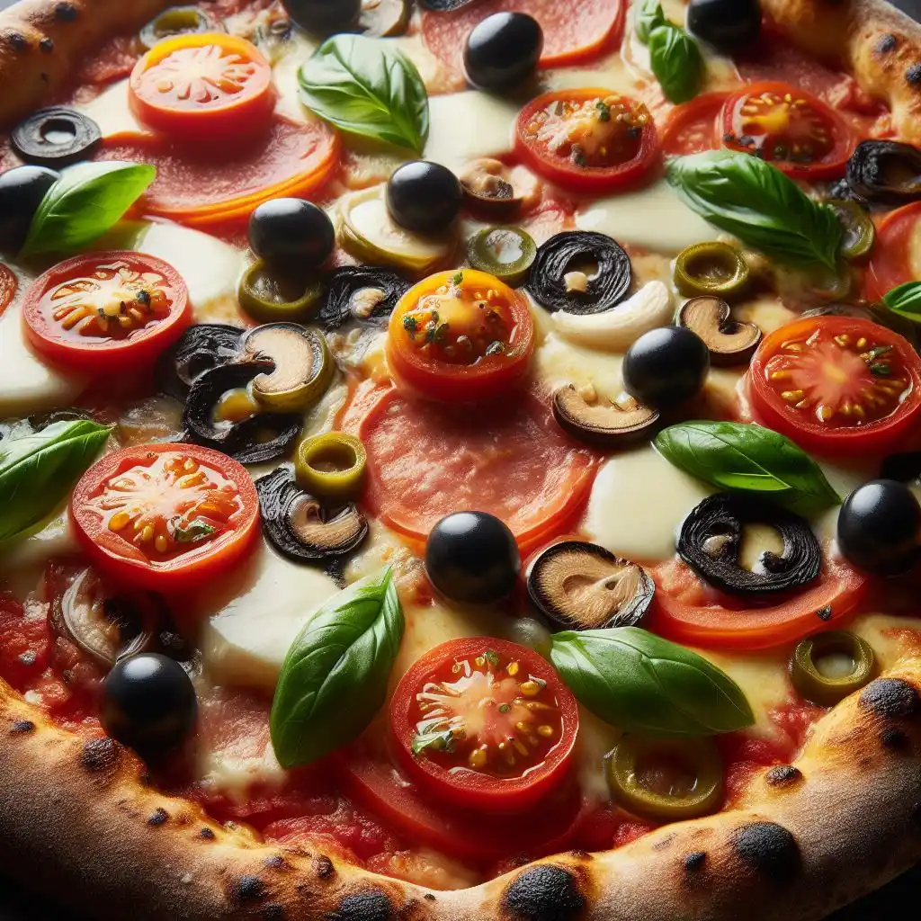 Pizza avec des olives des tomates mais aussi des feuilles de laurier des champignons et de la mozzarella