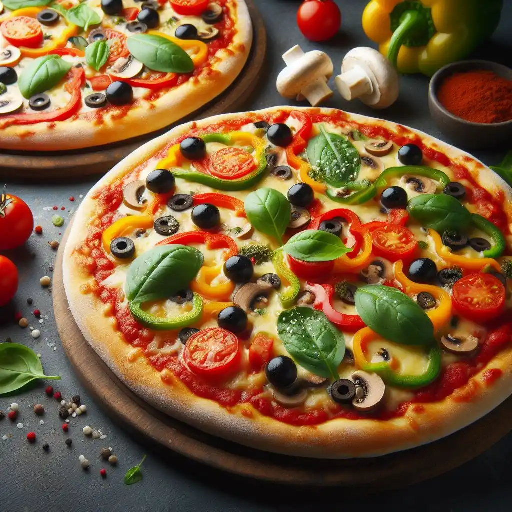 Des pizzas végétarienne aux légumes champignon poivron tomate laurier