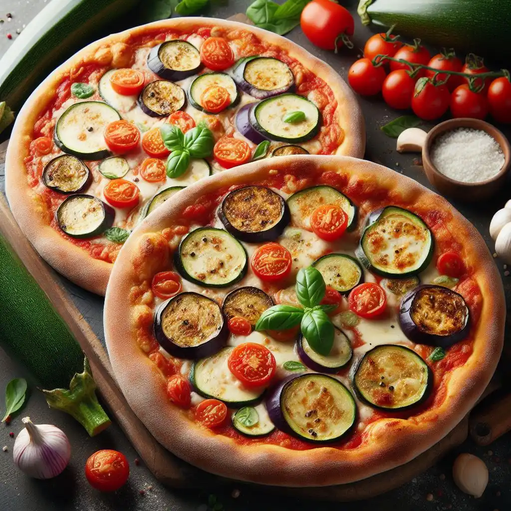 Des pizzas aux aubergines et courgettes avec des tomates et du laurier