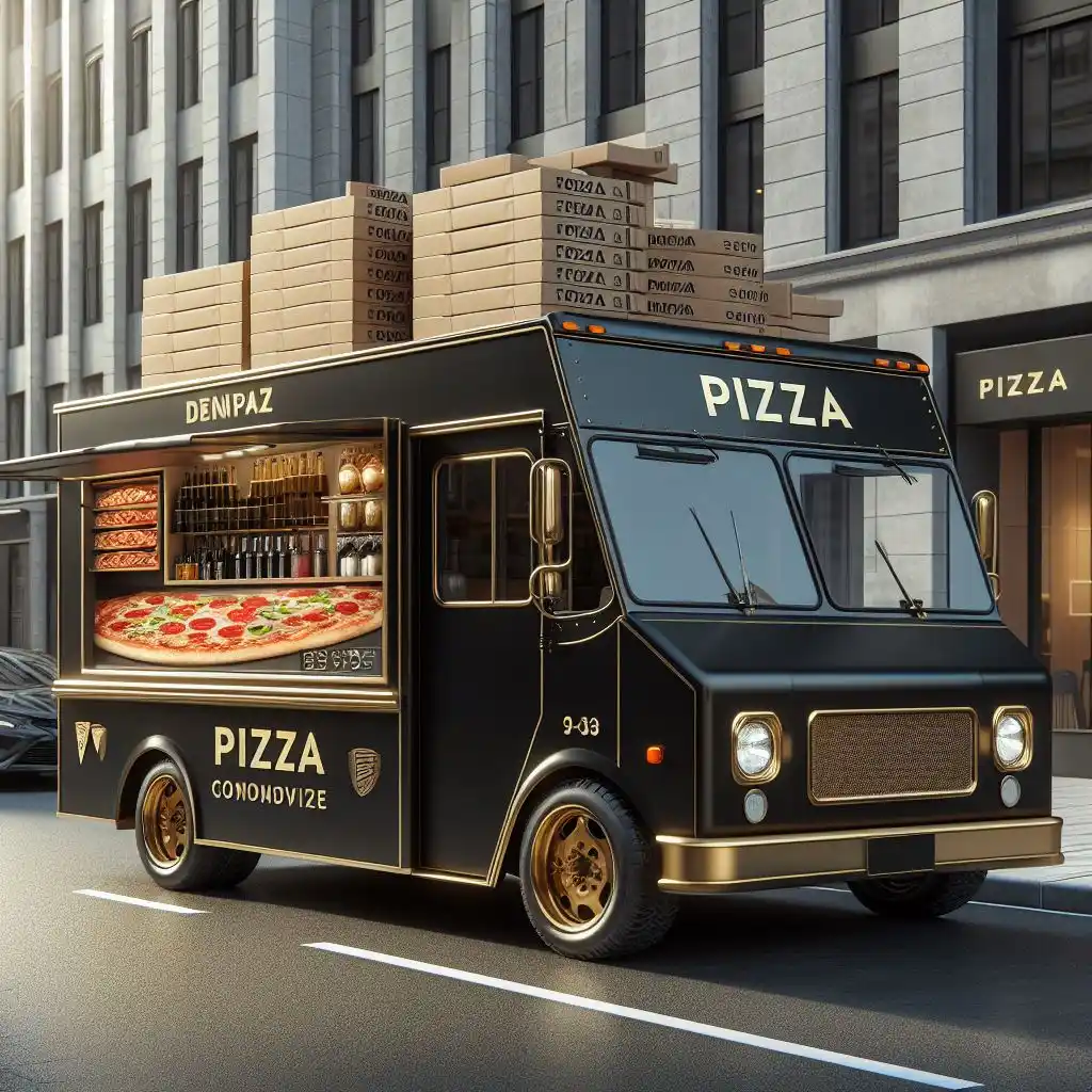 Foodtruck pizza noir et or dans la rue 