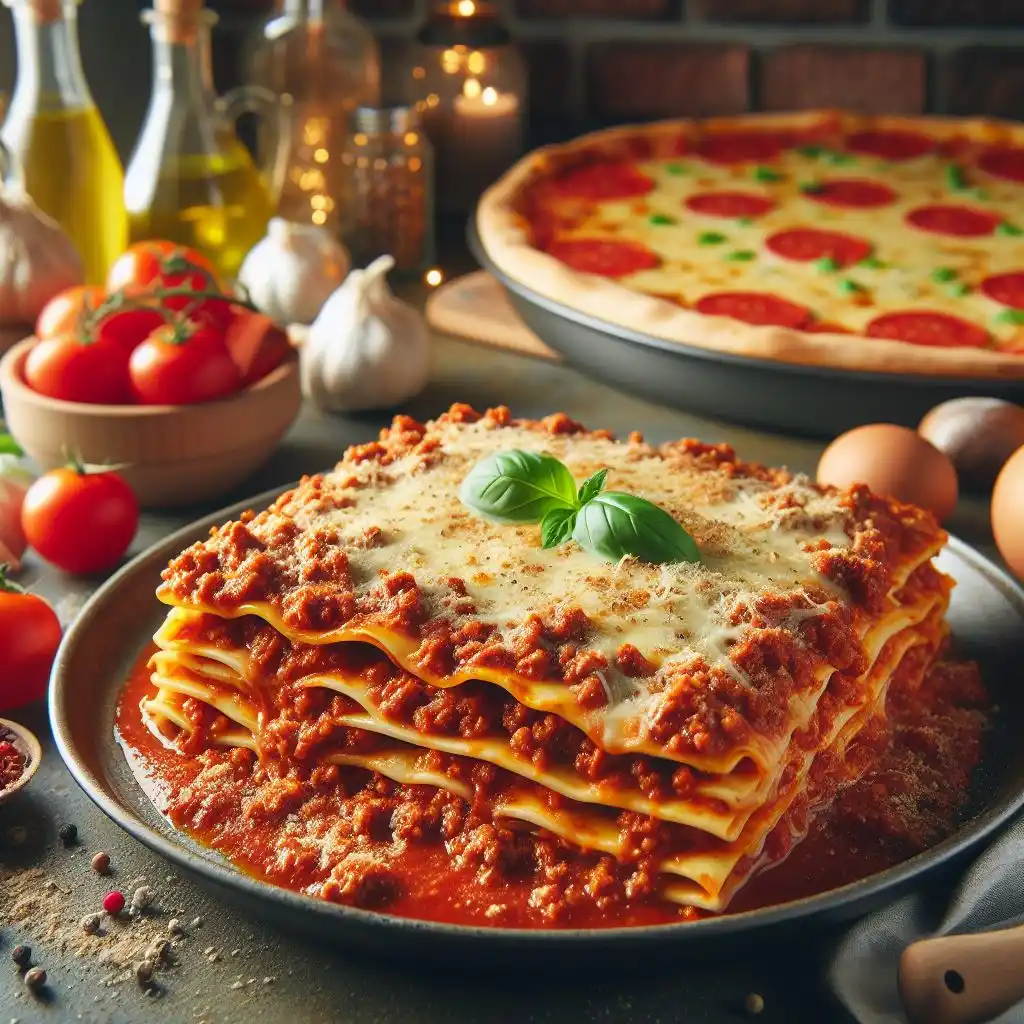 pizza en fond avec des lasagnes a la bolognaise en premier plan 