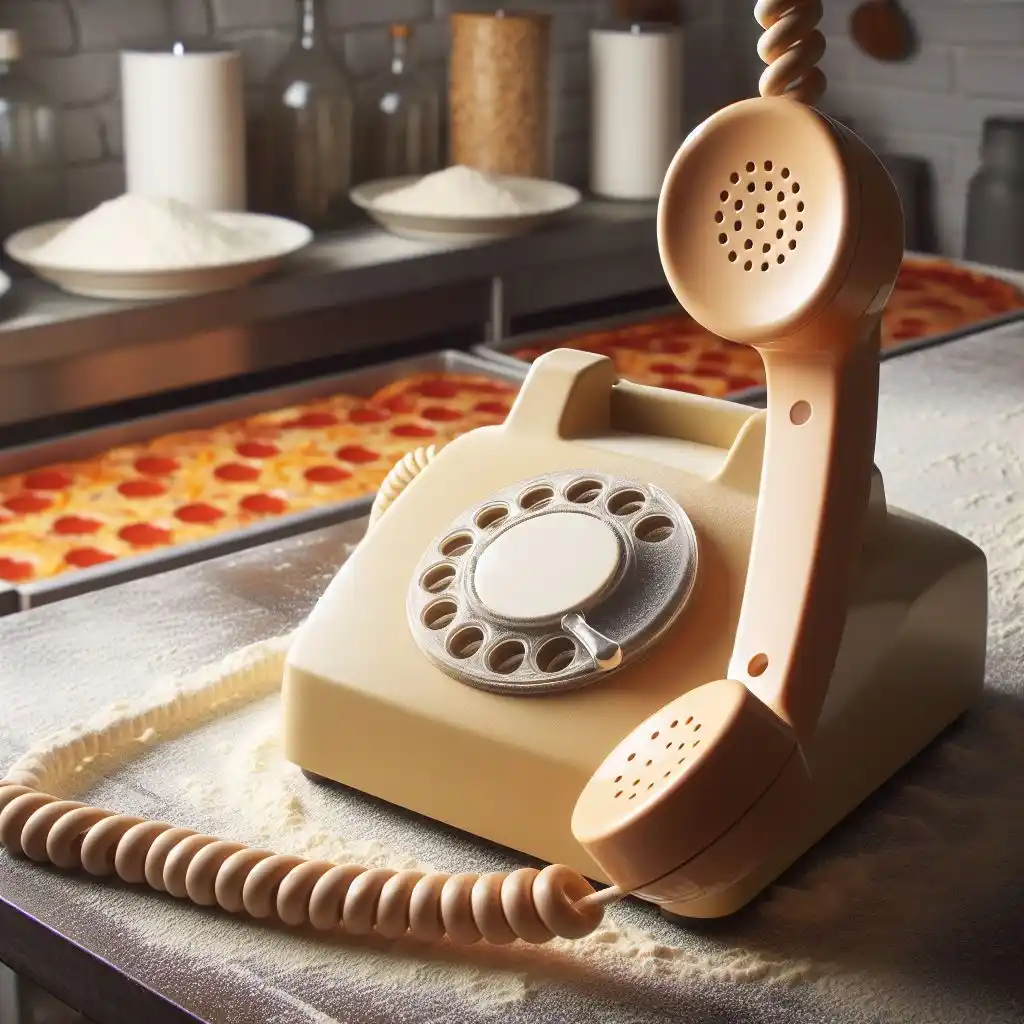 Téléphone au premier plan pour nous contactez et en fond des pizzas en cours de réalisation