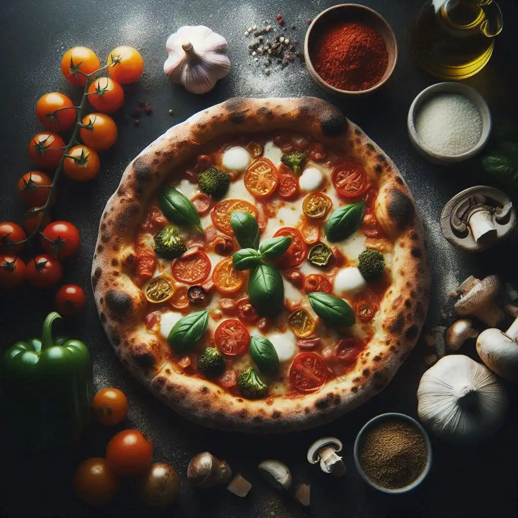 pizza avec des grappes de tomates poivron et toutes sorte d'épices sur le coté au mileu une pizza cuite au légumes